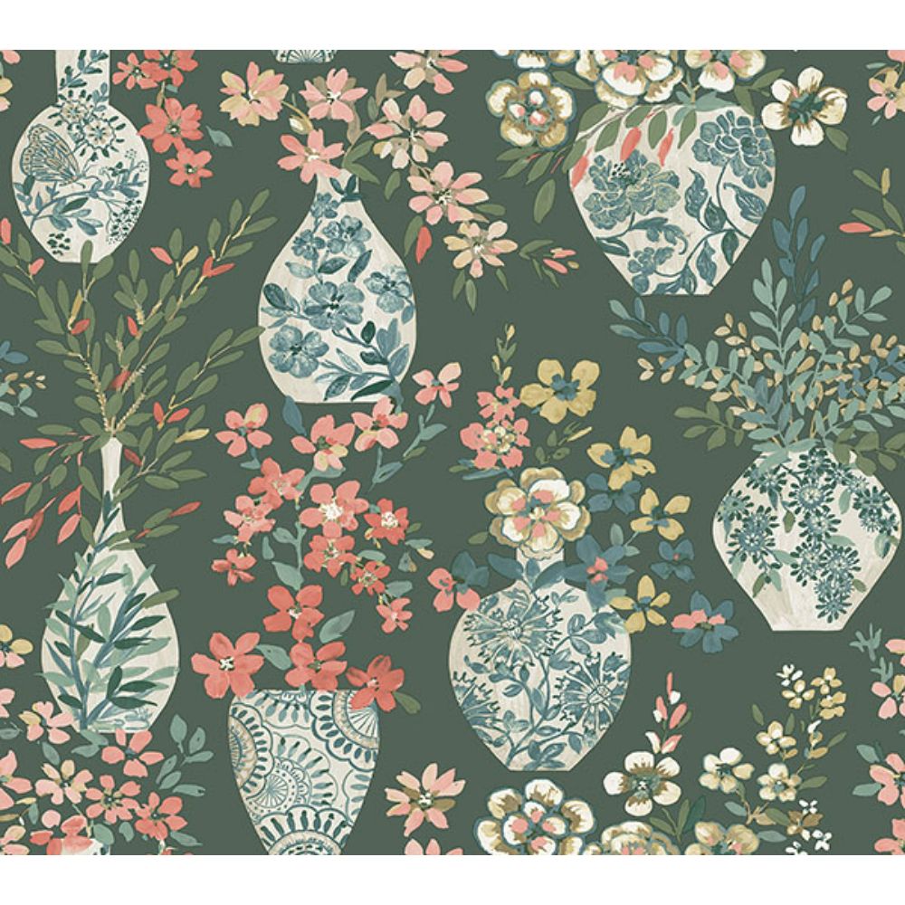 A-Street Prints by Brewster 4120-72000 Harper Green Floral Vase Wallpaper