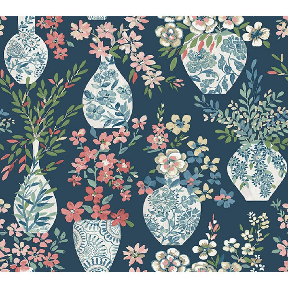 A-Street Prints by Brewster 4120-72001 Harper Teal Floral Vase Wallpaper