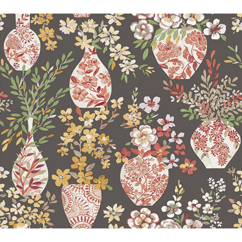 A-Street Prints by Brewster 4120-72002 Harper Brown Floral Vase Wallpaper