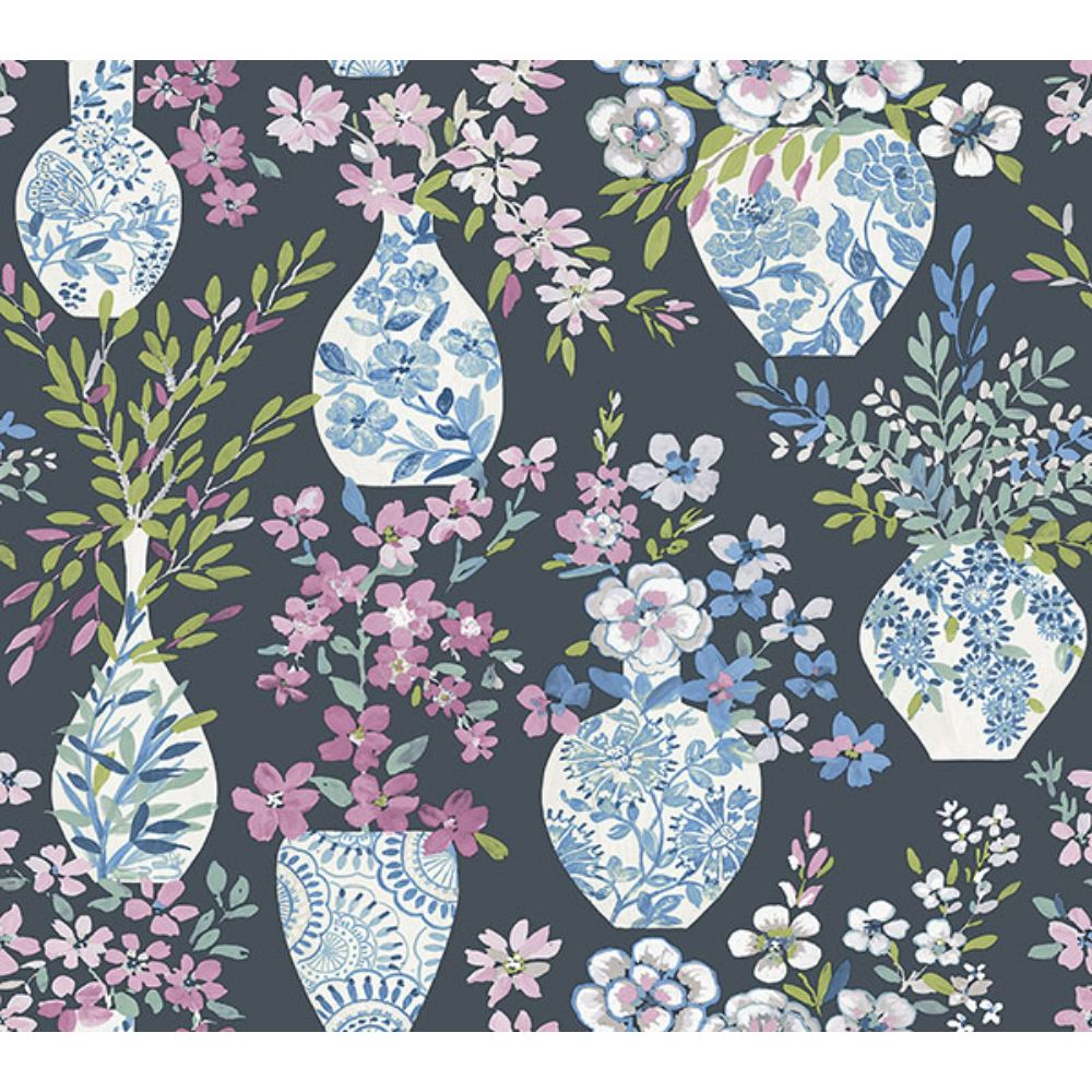 A-Street Prints by Brewster 4120-72004 Harper Charcoal Floral Vase Wallpaper