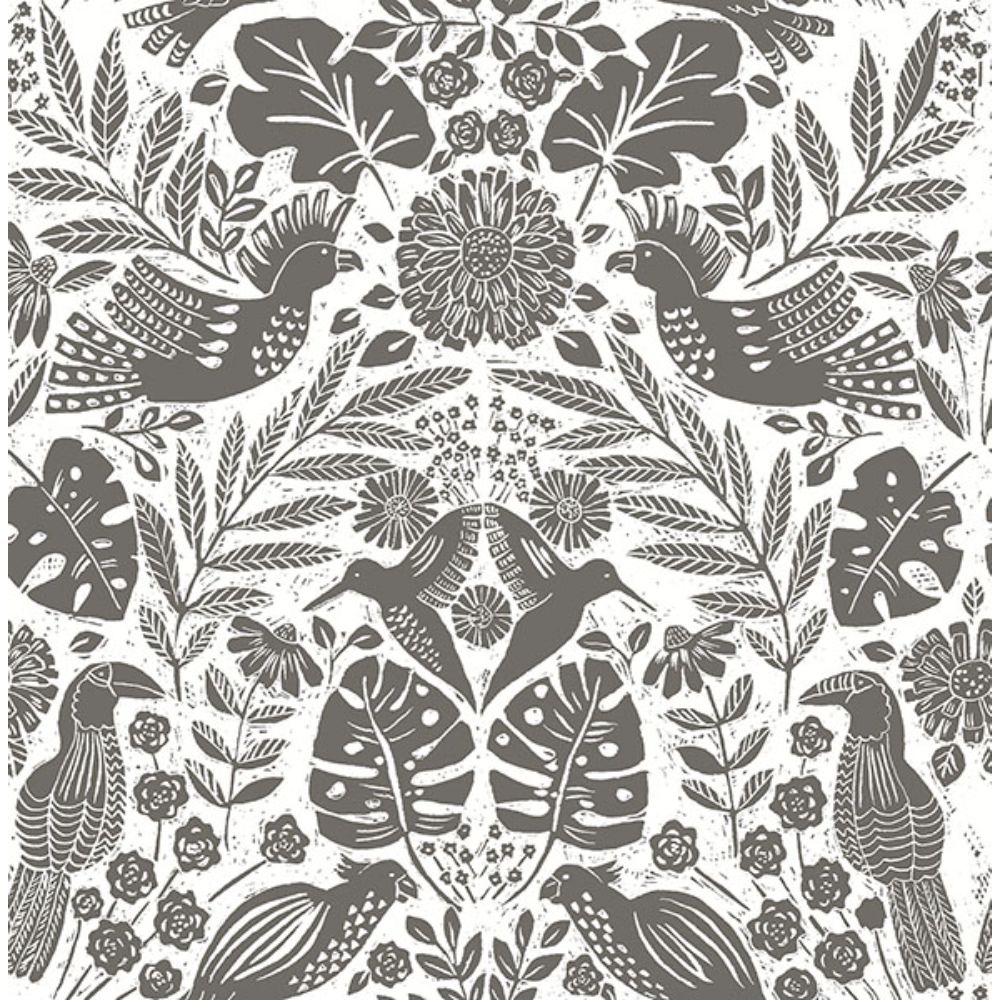 A-Street Prints by Brewster 4122-27004 Nestle Charcoal Bird Block Print Wallpaper