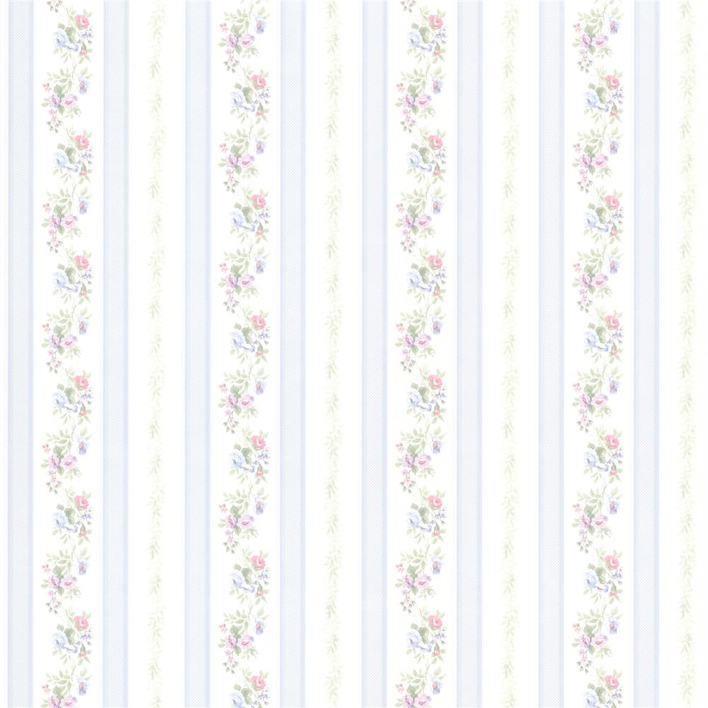 Brewster 414-56031 Kitchen; Bed and Bath Resource IV Princess Light Blue Floral Stripe Wallpaper in Light Blue