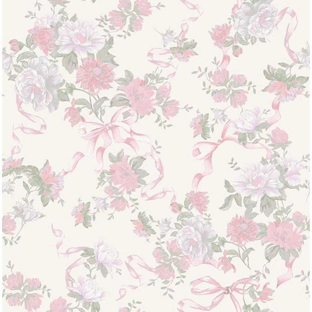 A-Street Prints by Brewster AST4653 Cabbage Rose Bow Pretty in Pink Ribbons & Roses Wallpaper