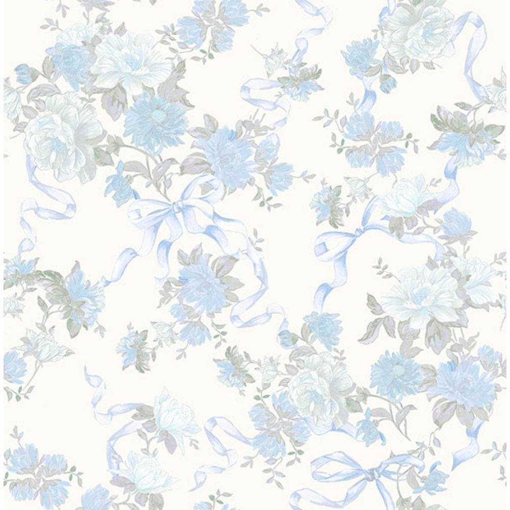 A-Street Prints by Brewster AST4654 Cabbage Rose Bow Dusty River Blue Ribbons & Roses Wallpaper