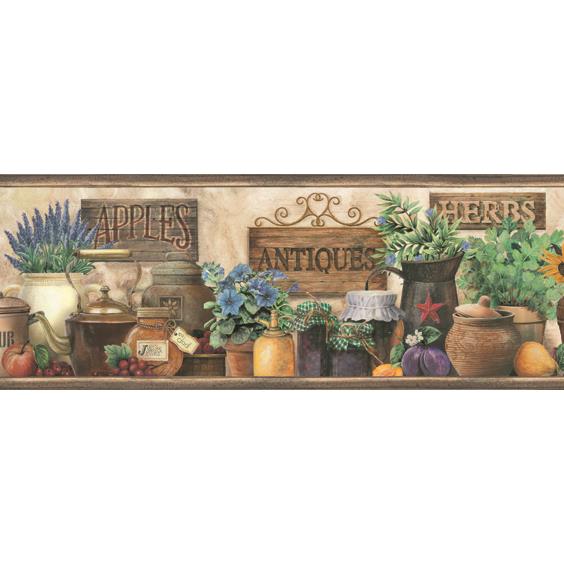 Chesapeake by Brewster BBC44581B Borders by Chesapeake Marché Green Antique Herbs Portrait Border Wallpaper in Brown