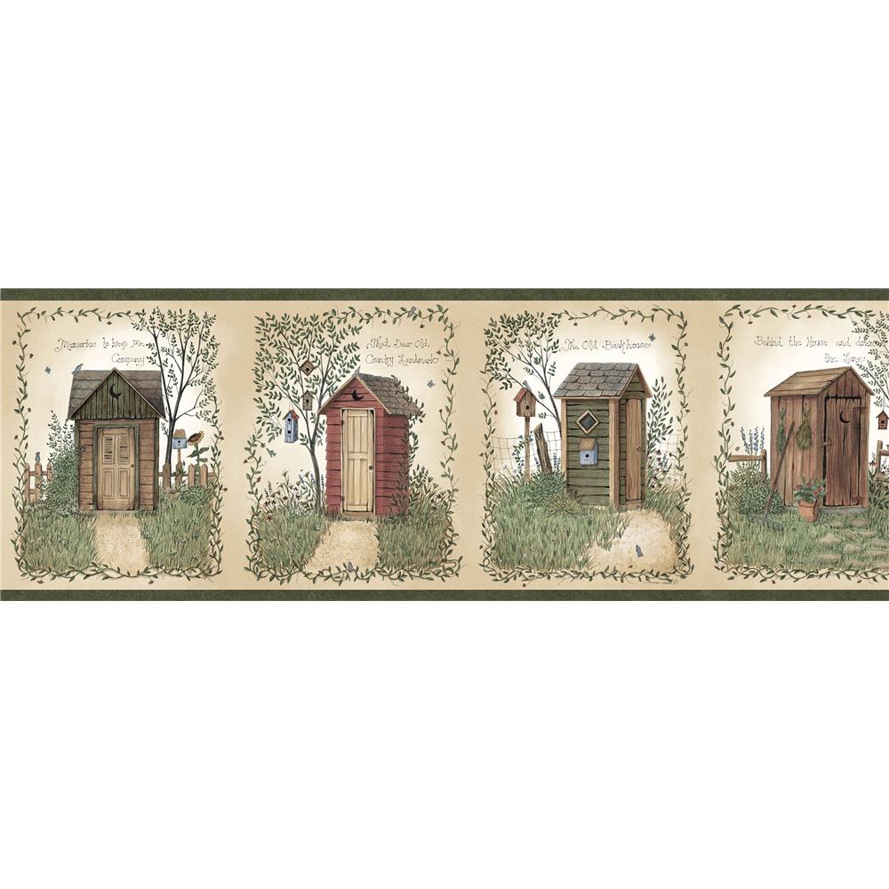 Chesapeake by Brewster BBC50321B Borders by Chesapeake Fennel Wheat Outhouse Portrait Blocks Border Wallpaper in Green