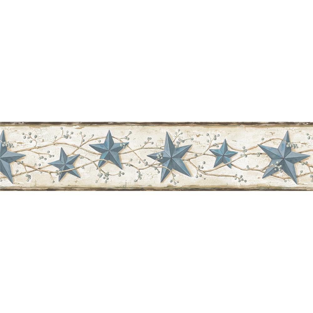 Chesapeake by Brewster CTR65366B Countryside June Blue Heritage Tin Star Border Wallpaper in Blue
