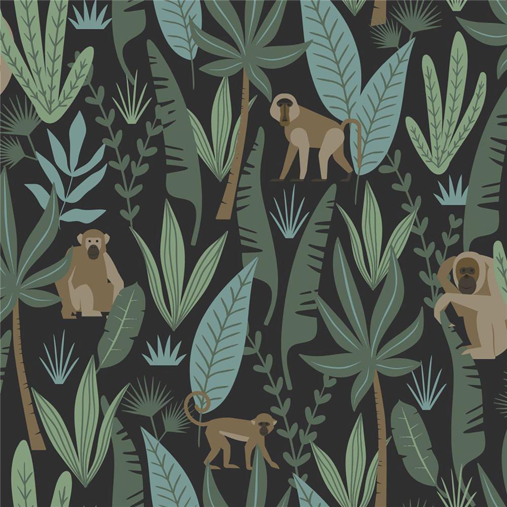 ESTA Home by Brewster DD139074 Design Department Macaque Dark Green Monkeys Wallpaper in Dark Green