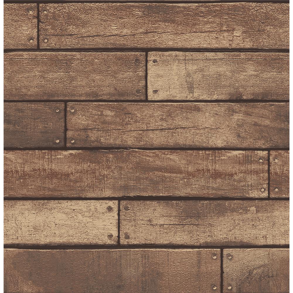 Brewster FD23277 Weathered Brown Nailhead Plank Wallpaper
