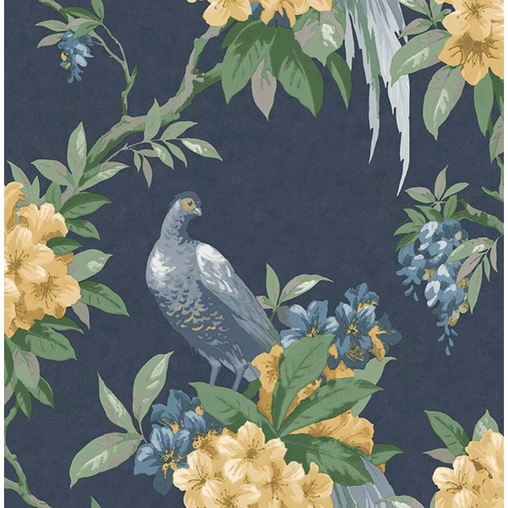Brewster M1661 Golden Pheasant Dark Blue Floral Wallpaper