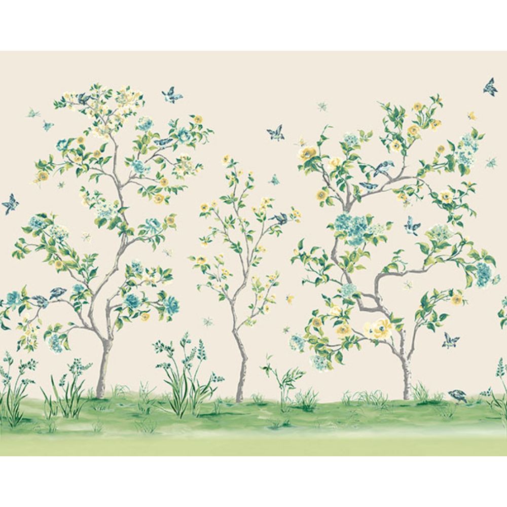 Origin by Brewster MUR192M Green Chinoiserie Floral Tree Wall Mural