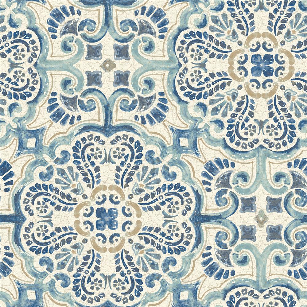 NuWallpaper by Brewster NUS2235 Blue Florentine Tile Peel & Stick Wallpaper