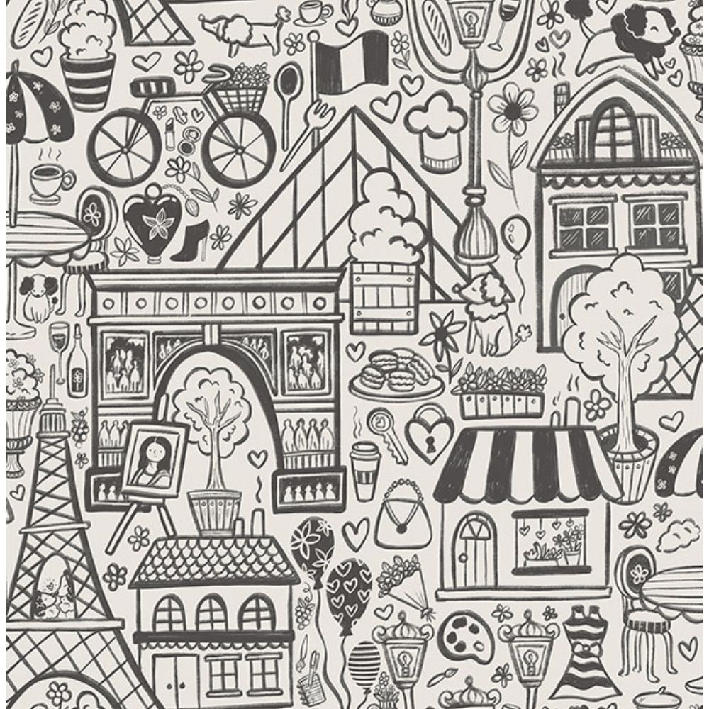 NuWallpaper by Brewster NUS4859 Oui Paris Charcoal Peel & Stick Wallpaper