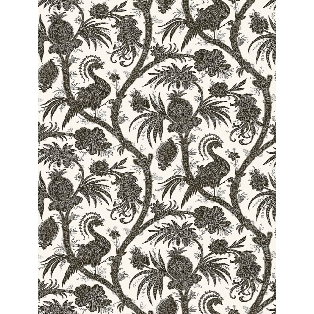 Scalamandre By Brewster SCS3875 Charcoal Balinese Peacock Scalamandre Self Adhesive Wallpaper