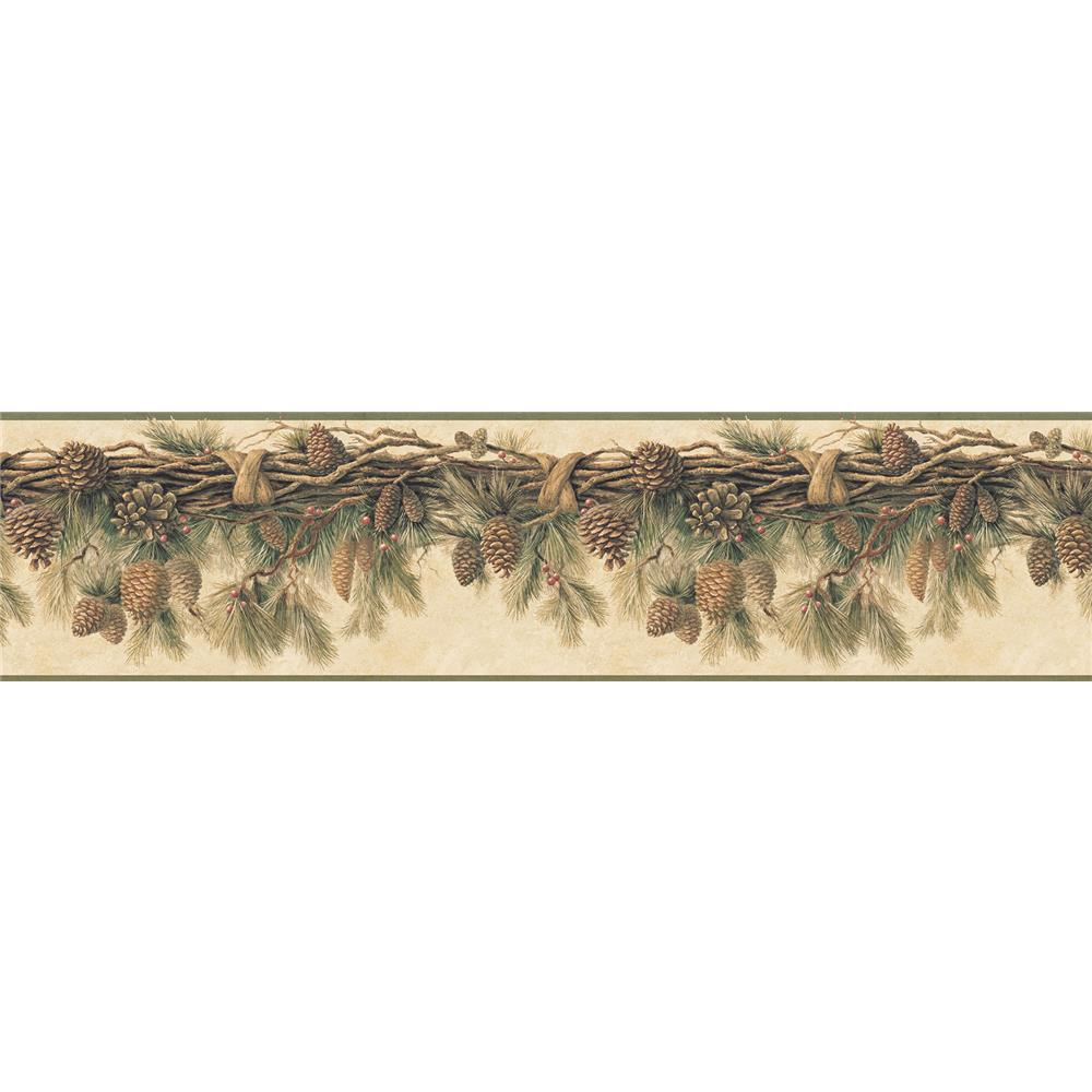 Chesapeake by Brewster TLL01391B Echo Lake Lodge Wyola Olive Pinecone Forest Border Wallpaper in Olive