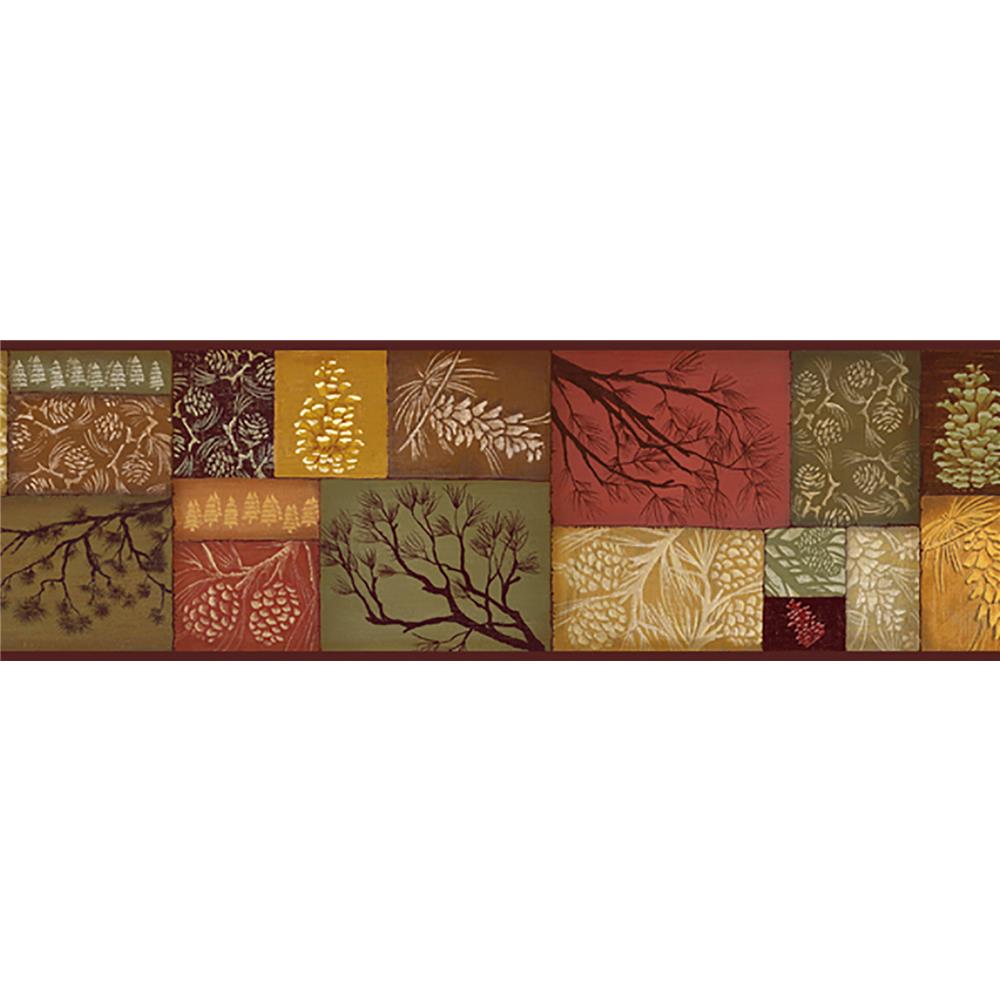 Chesapeake by Brewster TLL35511B Echo Lake Lodge Wenham Red Pinecone Collage Border Wallpaper in Red