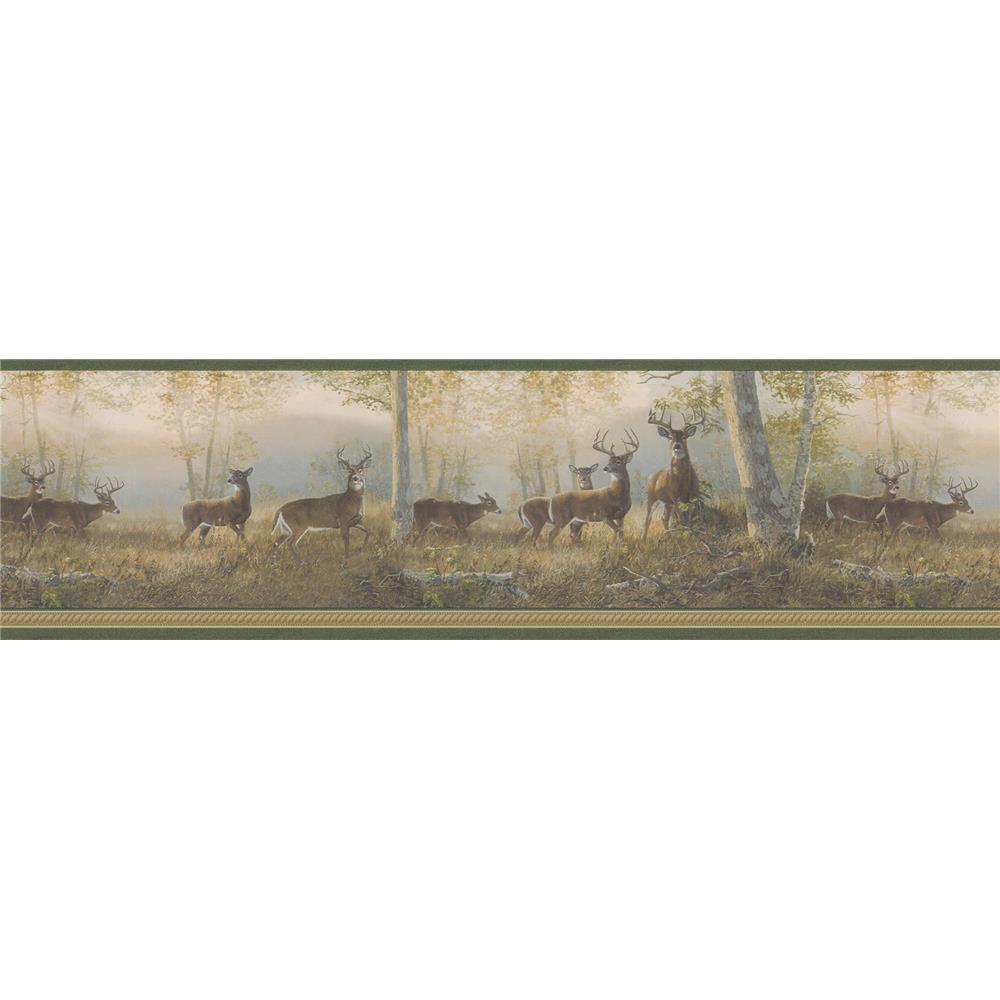 Chesapeake by Brewster TLL44341 Echo Lake Lodge Storrie Green Deer Border Wallpaper in Green