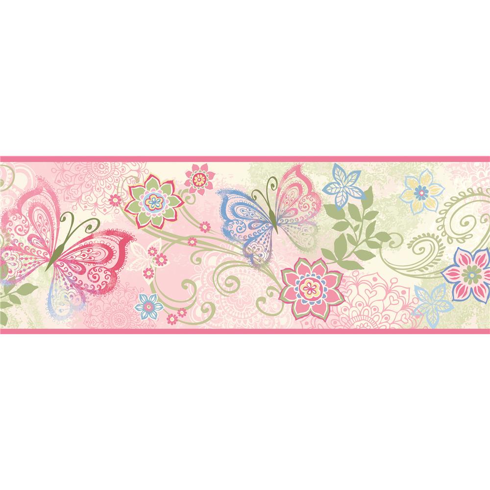 Chesapeake by Brewster TOT46451B Totally for Kids Fantasia Pink Boho Butterflies Scroll Border Wallpaper in Pink