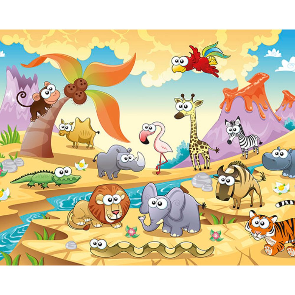 ohpopsi by Brewster WALS0455 African Cartoon Animals With Volcanoes Wall Mural