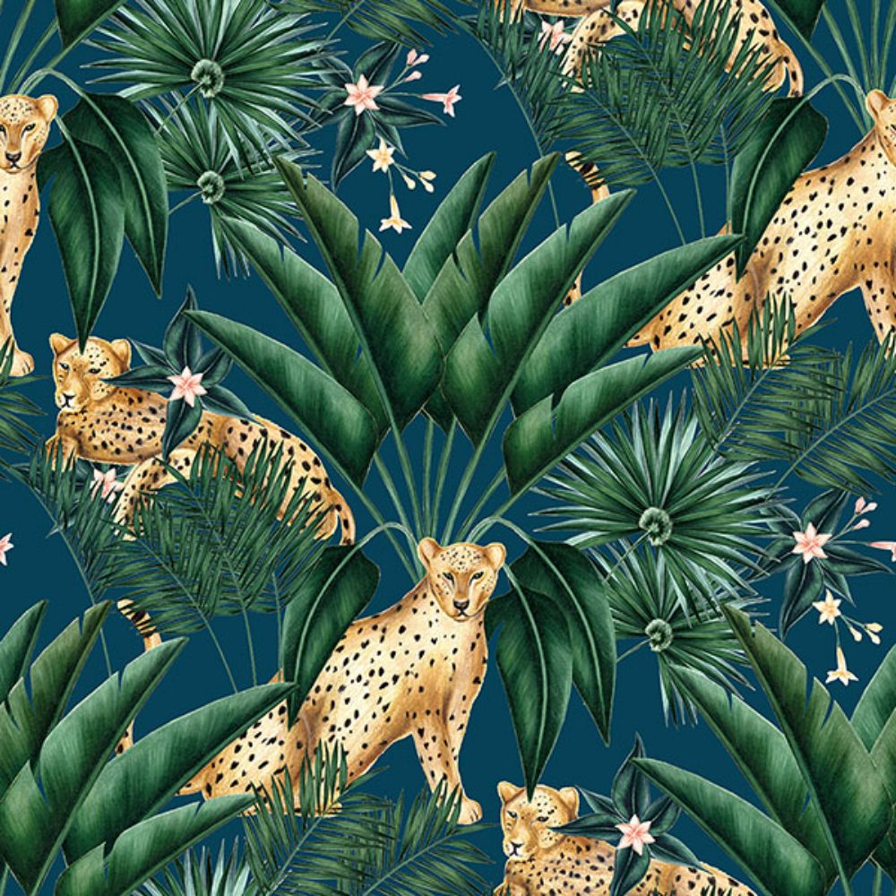 Ohpopsi by Brewster WLD53106W Augustus Blue Jungle Cheetah Wallpaper