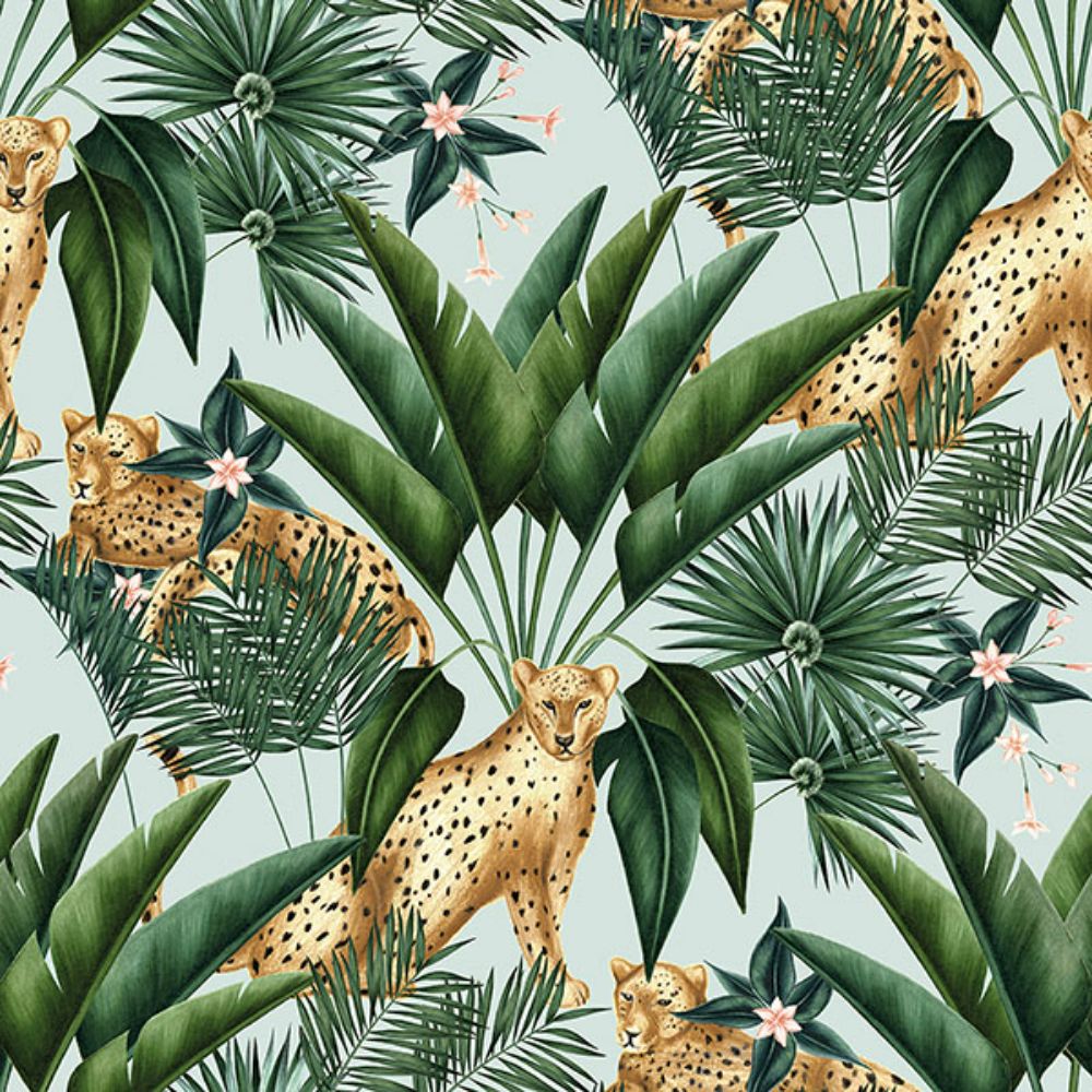 Ohpopsi by Brewster WLD53107W Augustus Aqua Jungle Cheetah Wallpaper