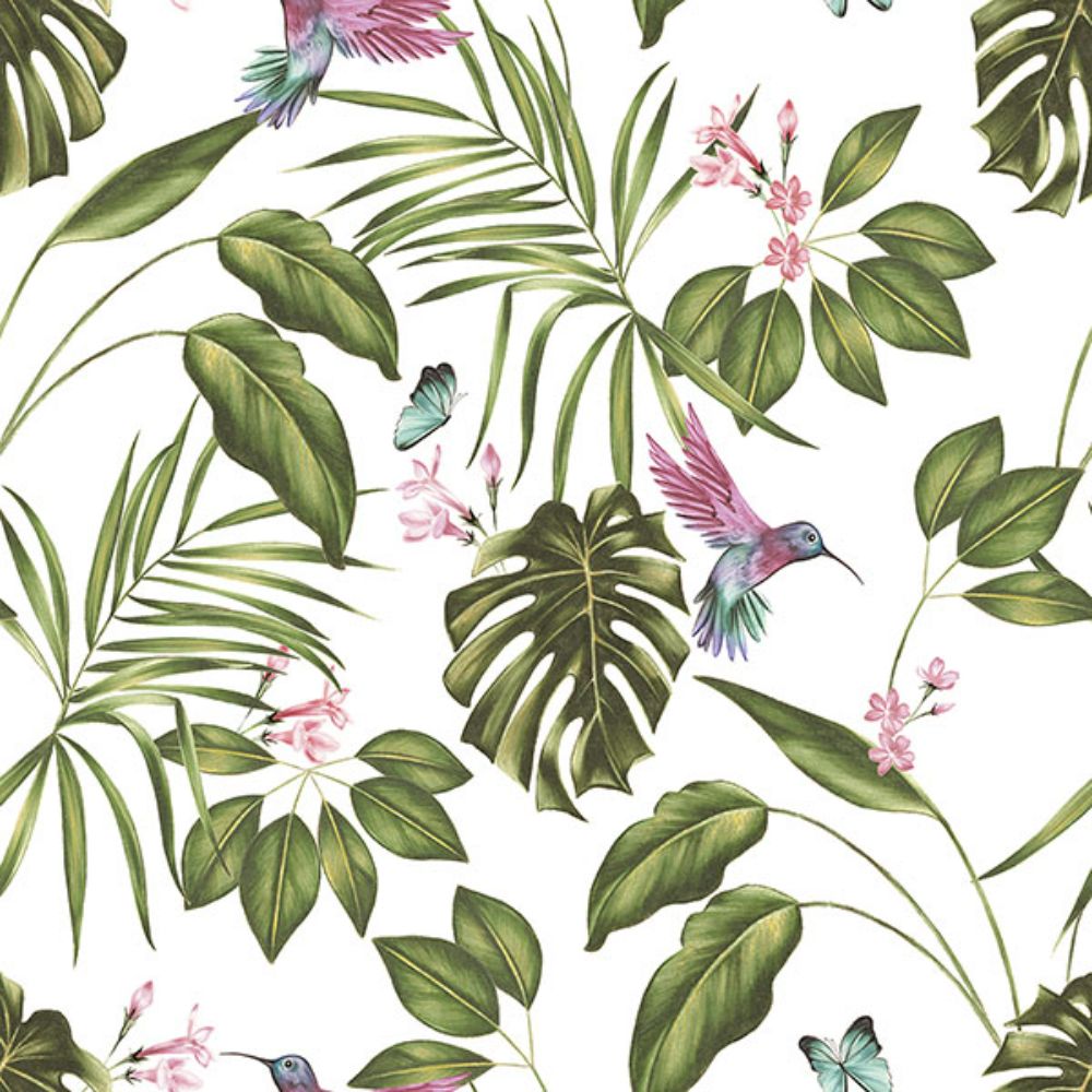 Ohpopsi by Brewster WLD53114W Clivia White Hummingbird Wallpaper