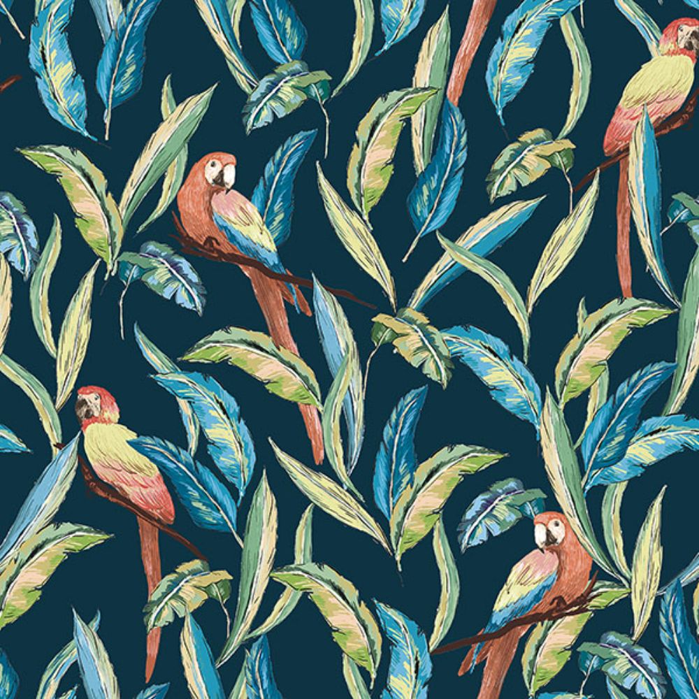 Ohpopsi by Brewster WLD53117W Timor Indigo Tropical Parrot Wallpaper