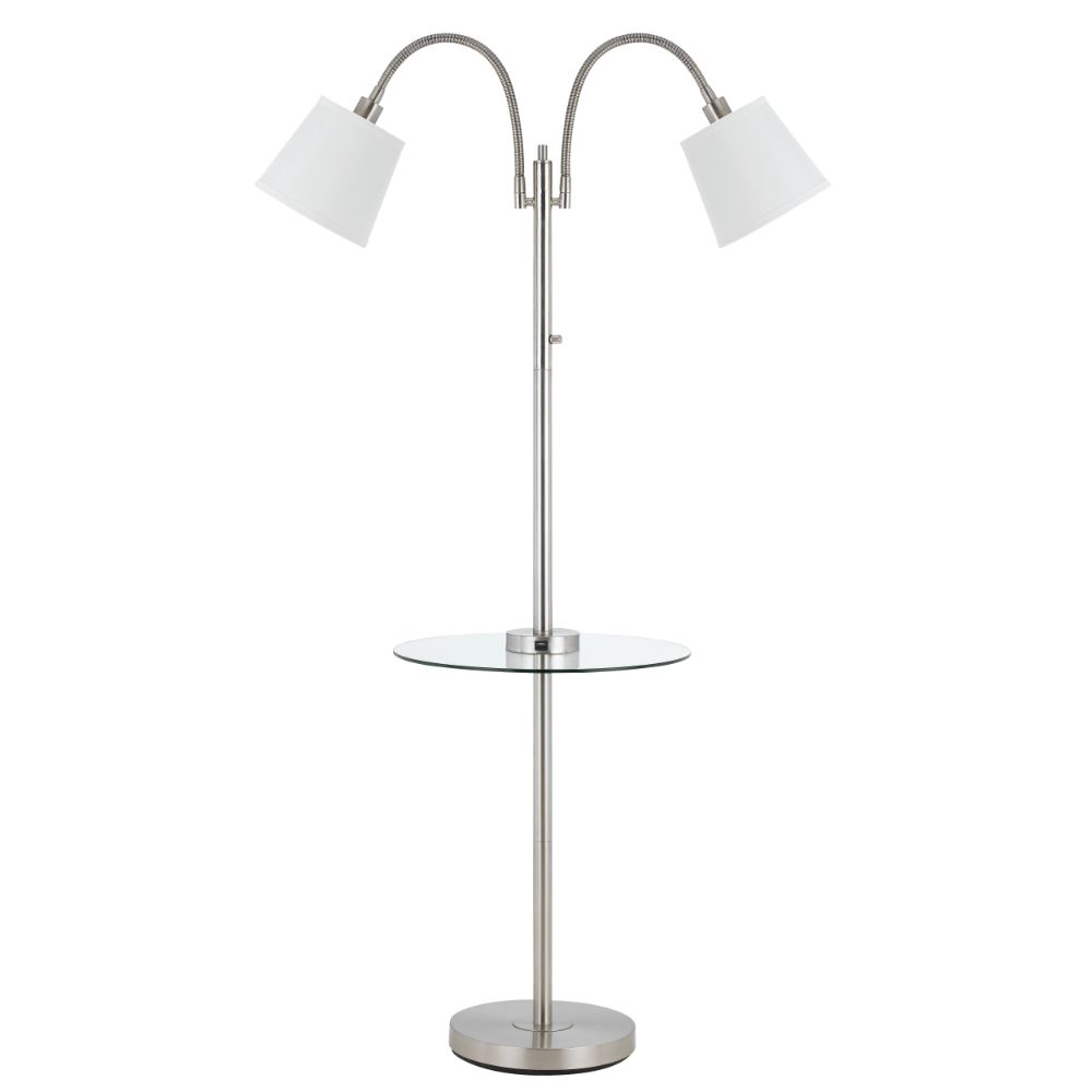 CAL Lighting BO-2444GT-BS Gail 40W 3-Way Metal Double Gooseneck Floor Lamp with Glass Tray Table and 2 USB Charging Ports in Brushed Steel