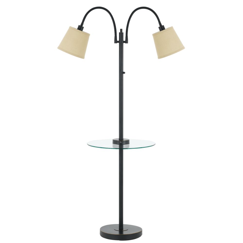 CAL Lighting BO-2444GT-DB Gail 40W 3-Way Metal Double Gooseneck Floor Lamp with Glass Tray Table and 2 USB Charging Ports in Dark Bronze