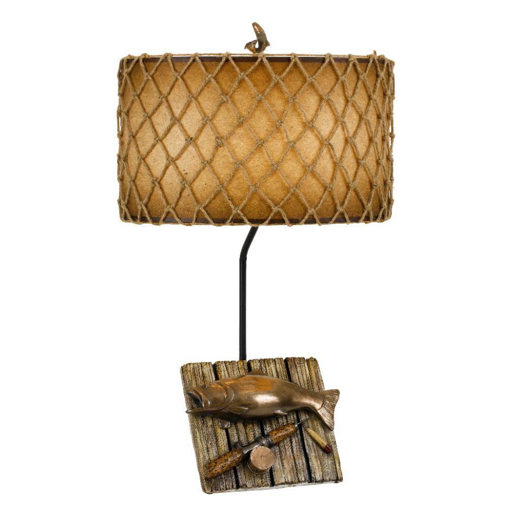 Cal Lighting BO-2664TB Cast Bronze 150W 3 way Fishing Trophy resin table lamp with roped hand painted shade