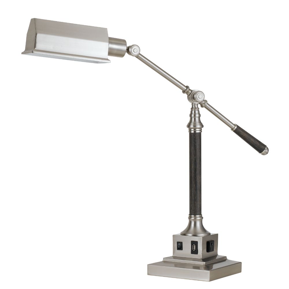 Cal Lighting BO-2687DK Brushed Steel/wood 60W Angelton balance arm metal desk lamp with 1 USB port and 1 outlet
