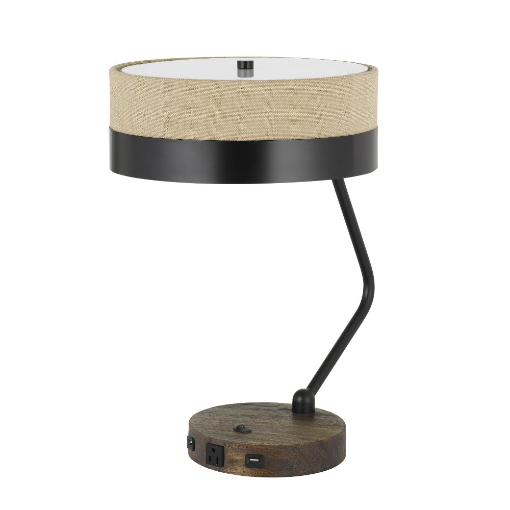 CAL Lighting BO-2758DK-BK 60W X 2 Parson Metal/Wood Desk Lamp With Metal/Fabric Shade With 2 Usb Ports
