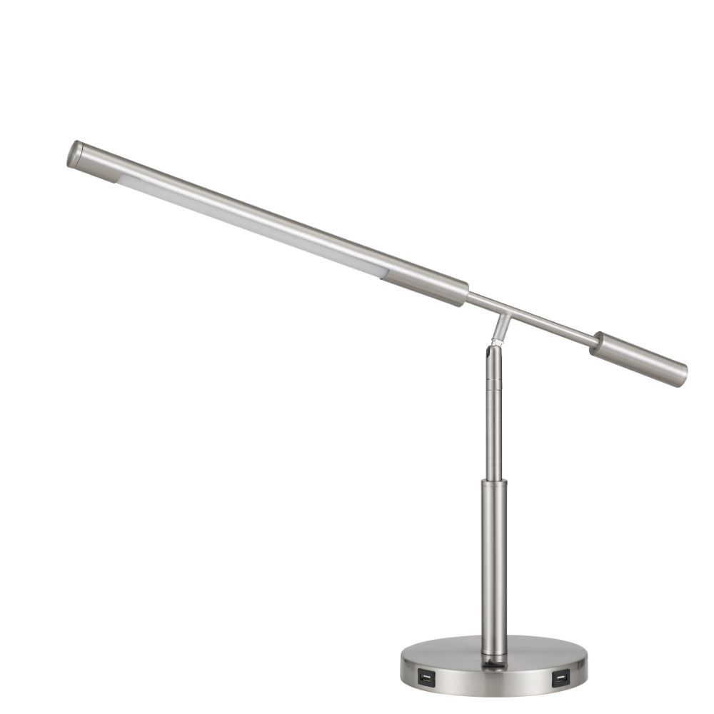 CAL Lighting BO-2967DK Auray integrated LED desk lamp with 2 USB charing ports. 780 lumen, 3000K, on off rocker switch at base. in Brushed Steel