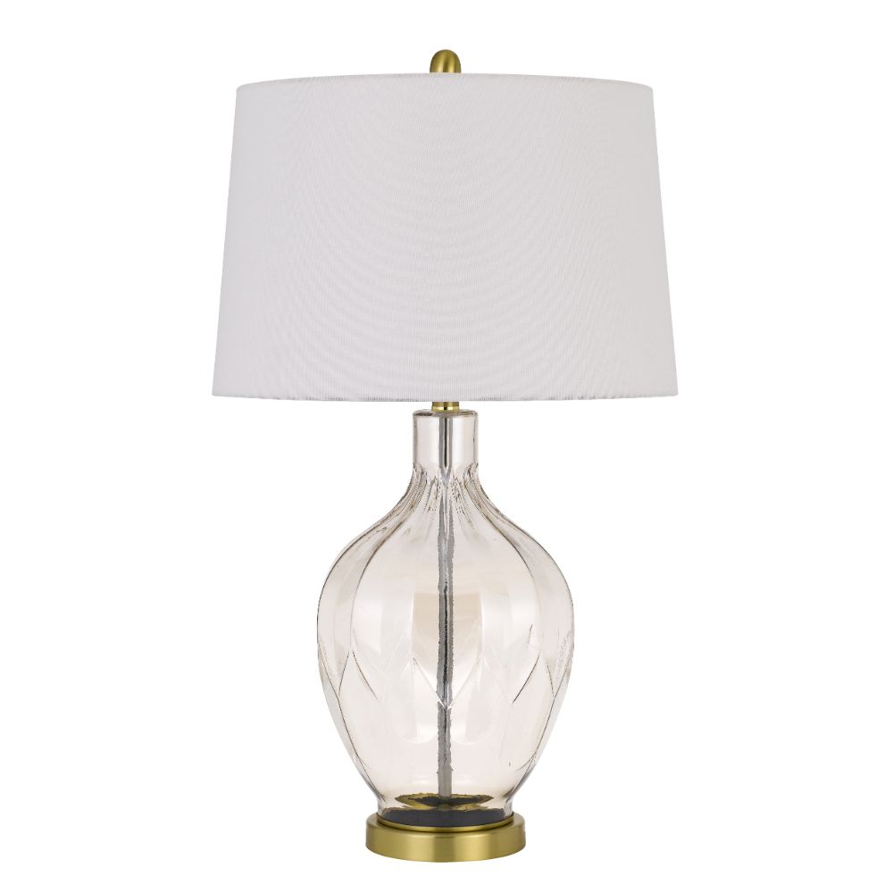 CAL Lighting BO-2971TB 150W 3 way Bancroft glass table lamp with hardback taper drum fabric shade in Clear/Antique Brass