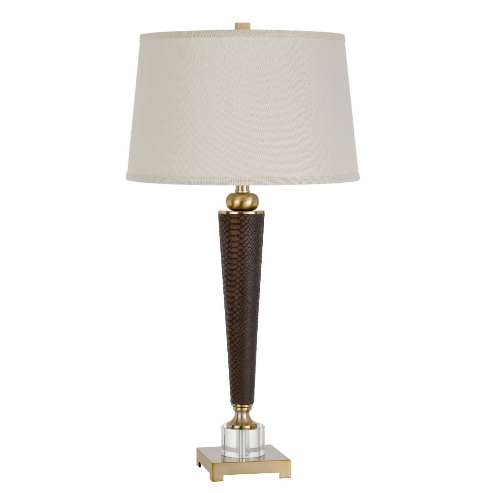 CAL Lighting BO-2977TB 150W 3 way Sebree resin/leathrette table lamp with crystal font and metal base. Hardback taper fabric drum shade in Leathrette
