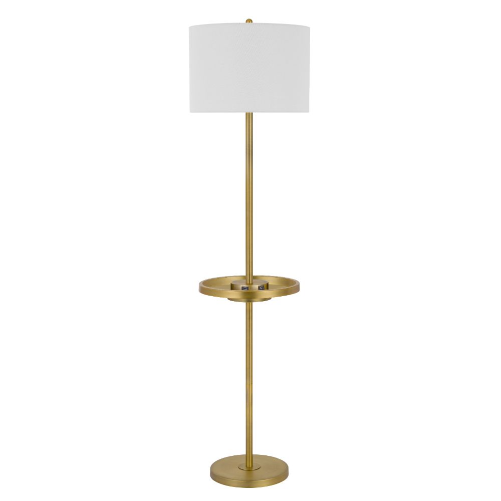 CAL Lighting BO-2983FL-AB 150W 3 way Crofton metal floor lamp with centered metal tray table with 2 USB charging ports and weighted metal base in Antique Brass