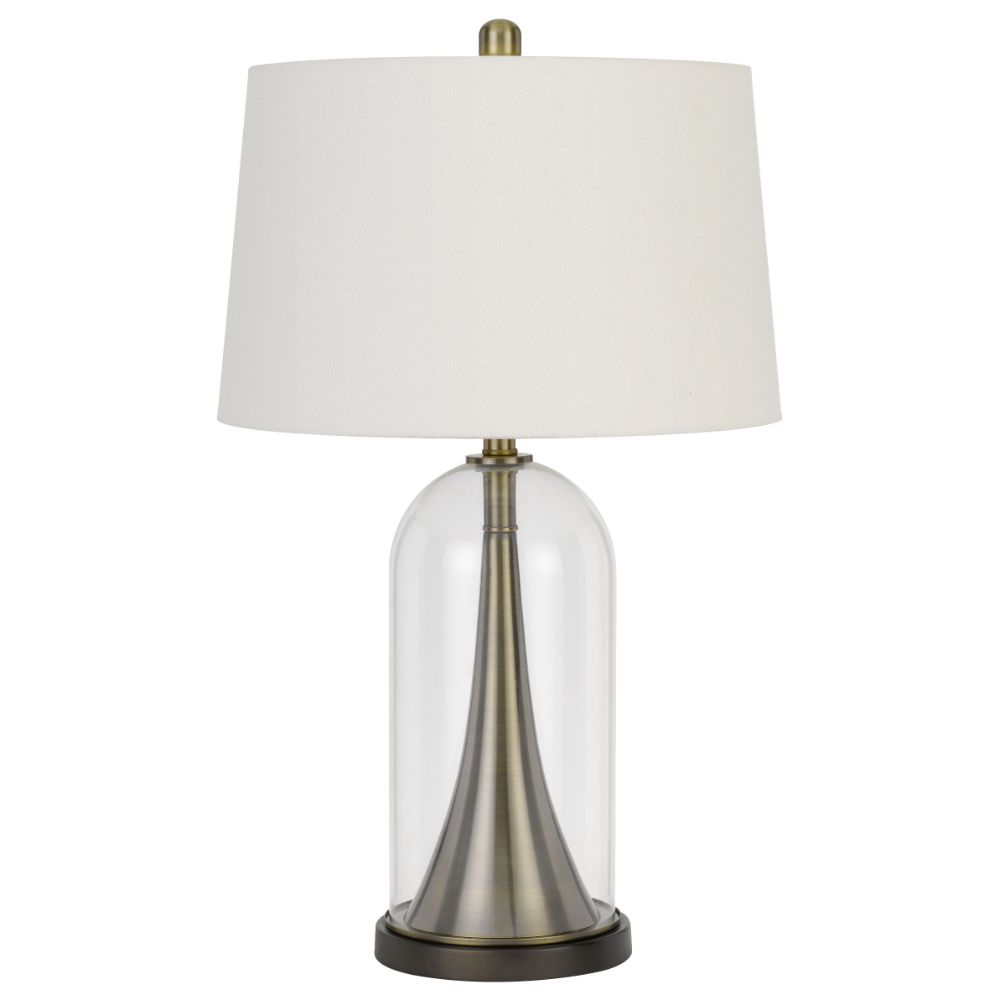CAL Lighting BO-2989TB 150W 3 way Camargo glass/metal table lamp with hardback taper drum fabric shade in Glass/Antique Brass