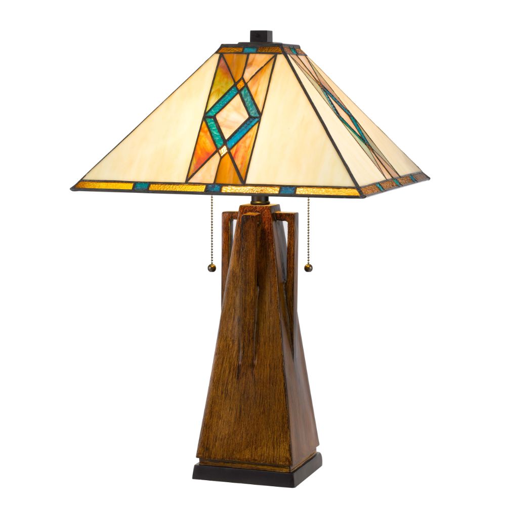 Cal Lighting BO-3011TB Wood Tone Resin Lamp with Square Tiffany Shade