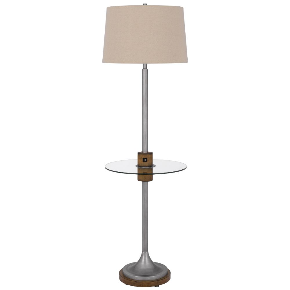 Cal Lighting BO-3057FL 150w 3 Way Lavaca Metal Floor Lamp With Glass Tray Table And 1 Usb And 1 Type C Usb Charging Ports And Rubber Wood Center Font And Base  in Antique Silver/Wood 