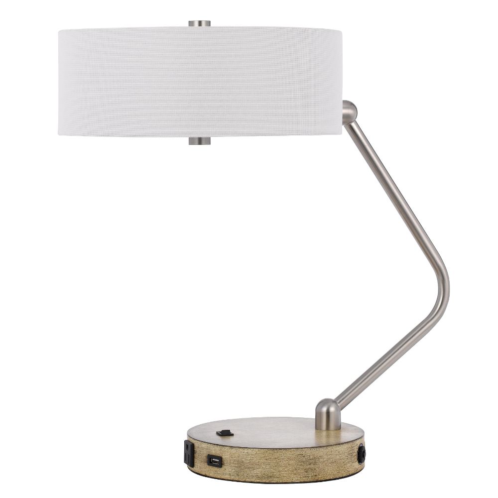 Cal Lighting BO-3058DK-BS 60w X 2 Marcos Metal Desk Lamp With Drum Fabric Shade And 1 Usb And 1 Type C Usb Charging Port With Rubber Wood Base  in Brushed Steel/wood 