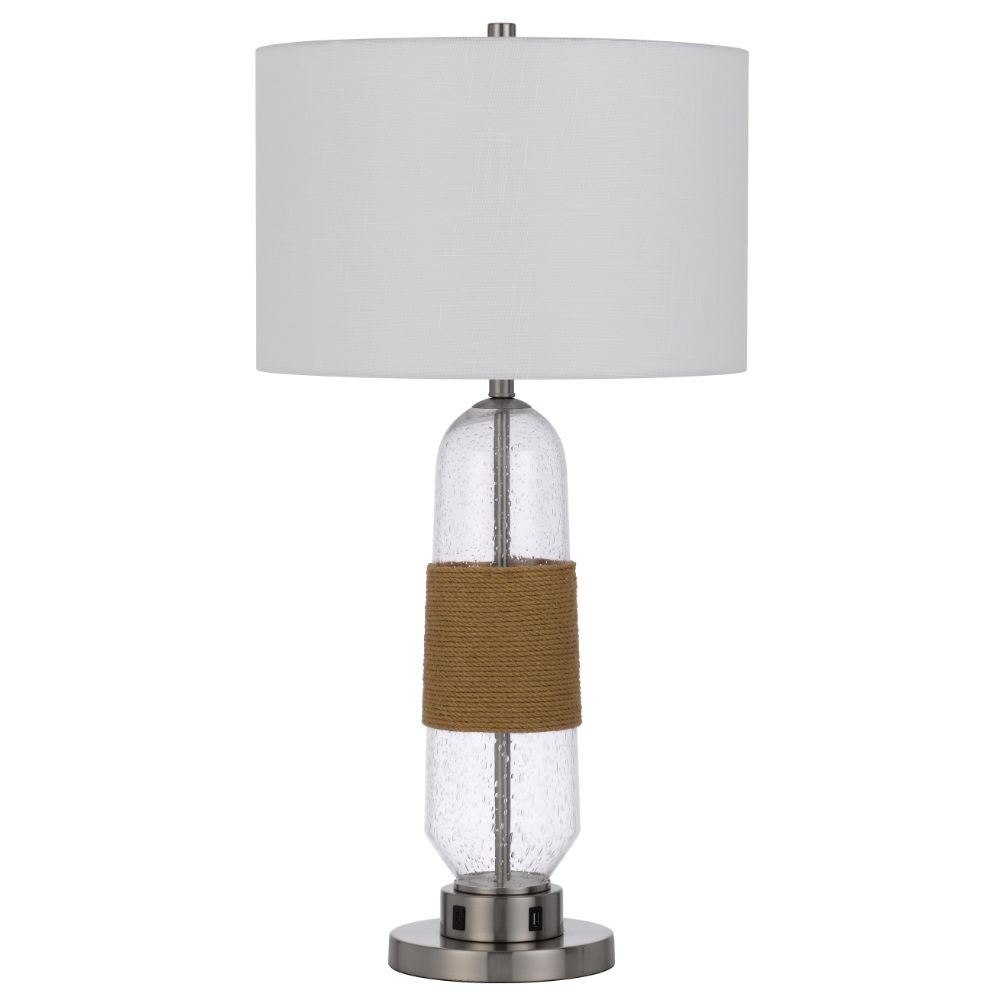 Cal Lighting BO-3127TB 150W 3 way Everett bubbled glass table lamp with burlap design and drum fabric shade. Equipped with 1 USB and 1 USB-C charging ports