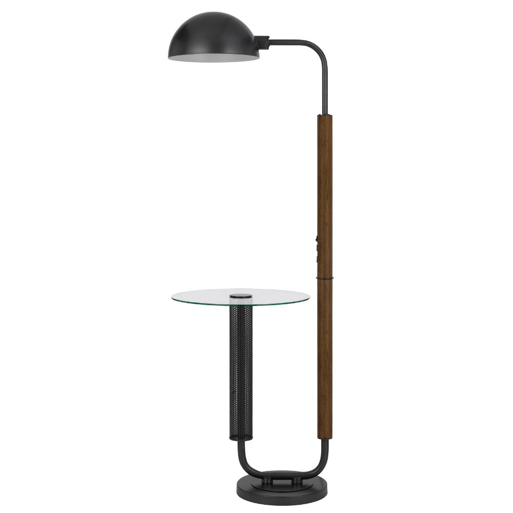 Cal Lighting BO-3129FL 100W Keyser metal / rubber wood floor lamp with glass tray table and metal shade. Equipped with 1 USB and 1 USB-C charging ports