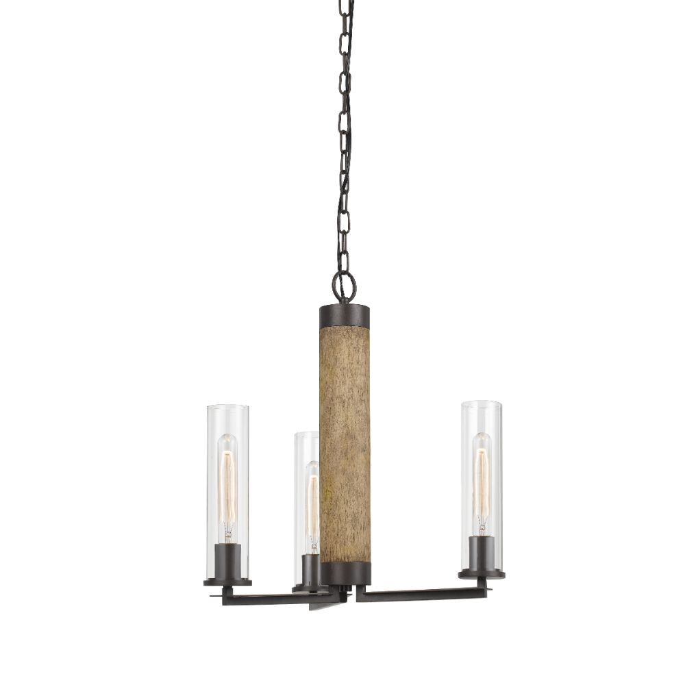 CAL Lighting FX-3665-3 60W X 3 Silverton Metal/Wood 3 Light Chandelier With Glass Shades. (Edison Bulbs Included)