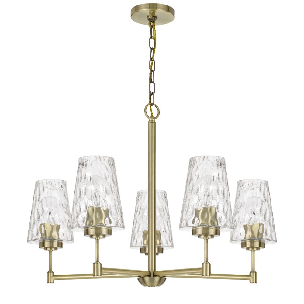 CAL Lighting FX-3749-5 60W x 5 Crestwood metal chandelier with textured glass shades in Antique Brass