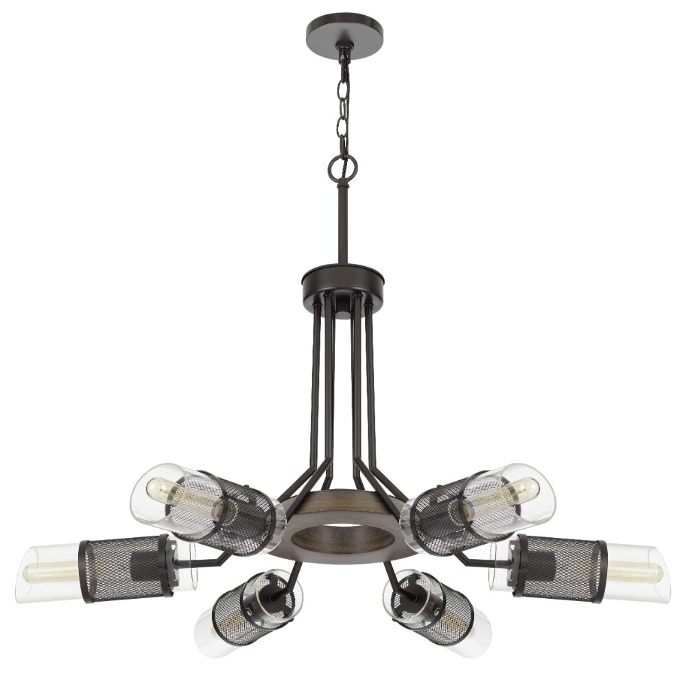 CAL Lighting FX-3754-6 60W x 6 Savona pine wood/metal chandelier with double layer glass/metal mesh shade. (Edison bulbs NOT included) in Wood/Black