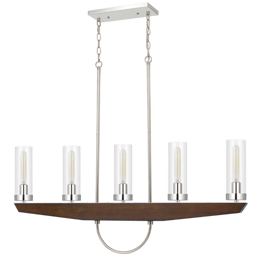 CAL Lighting FX-3756-5 60W x 5 Ercolano pine wood/metal island chandelier with clear glass shade (Edison bulbs NOT included) in Wood/brushed Steel