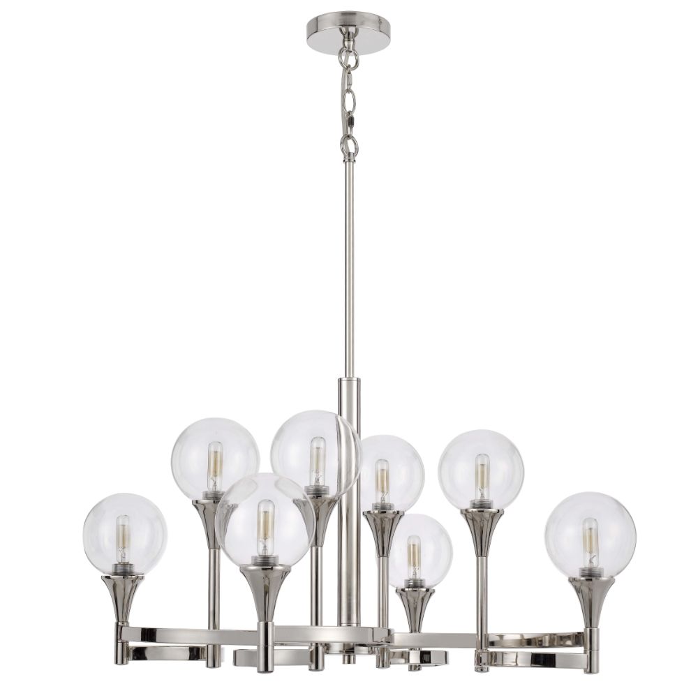 Cal Lighting FX-3759-8 Milbank Chrome Metal Chandelier with Clear Round Glass Shades in Chrome