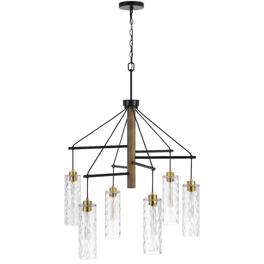 Cal Lighting FX-3788-6 60w X 6 Williston Rubber Wood Chandelier With Hanging Textured Glass Shades in Antique Brass/Wood 