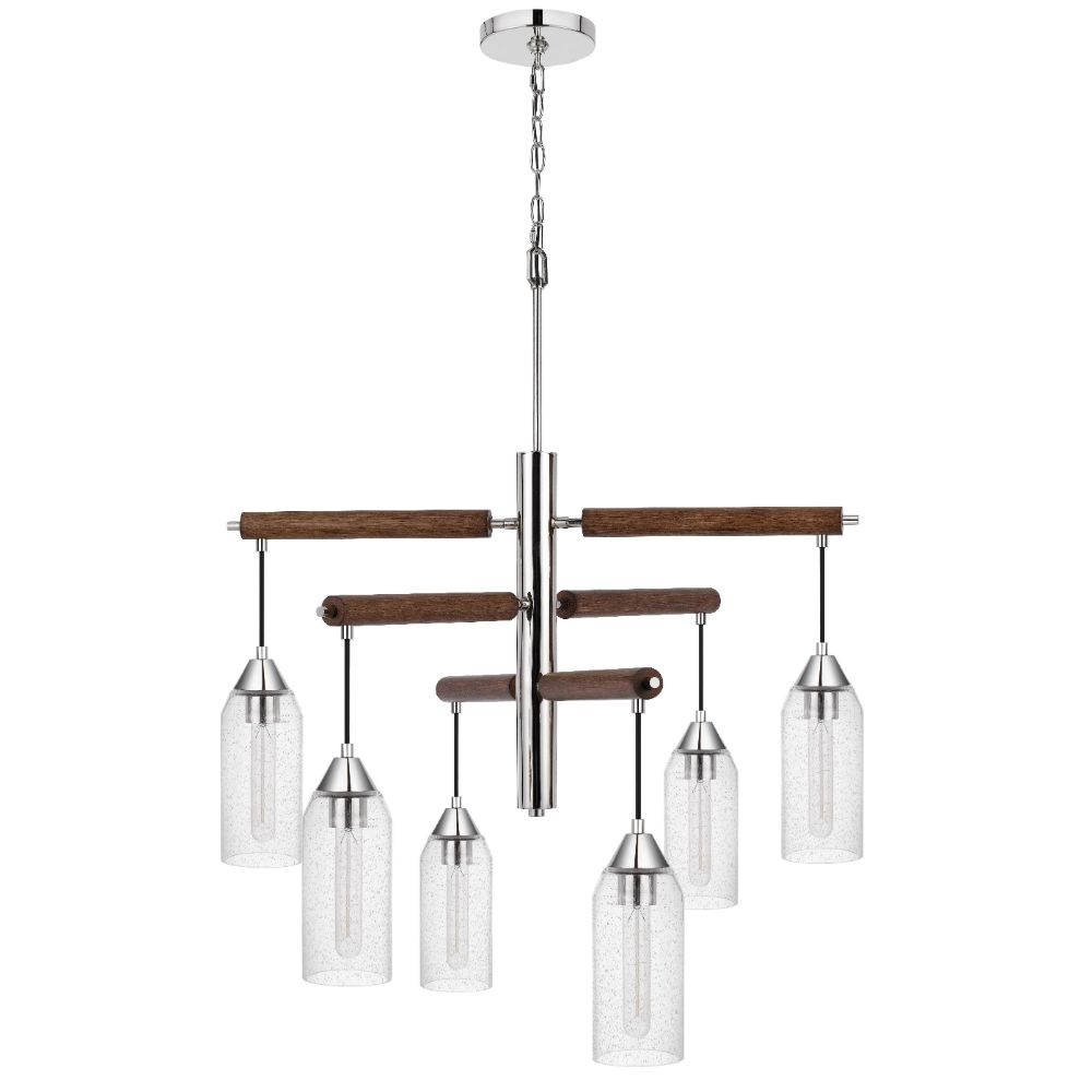 Cal Lighting FX-3789-6 60w X 6 Massillon Rubber Wood Chandelier With Hanging Bulbbed Glass Shades  in Chrome/Wood 