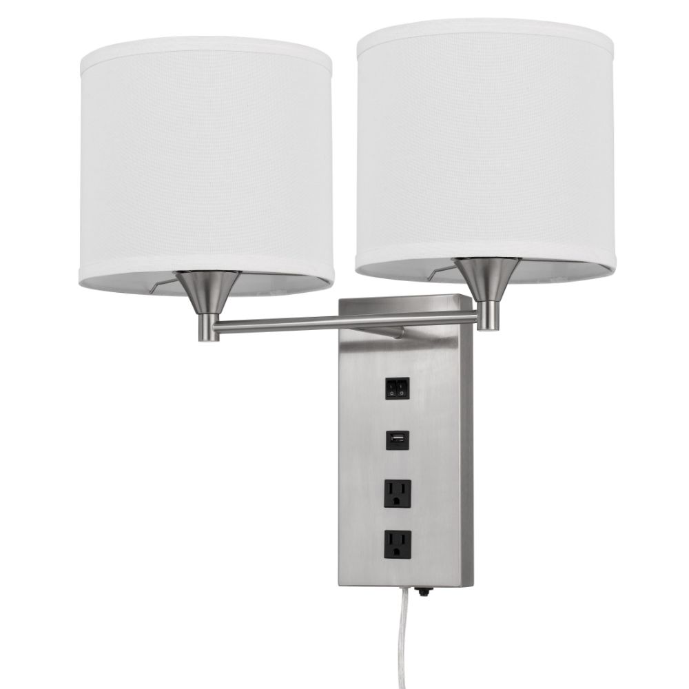Cal Lighting LA-8049W2L-1 60w X 2 Reedsport Wall Lamp With 2 Power Outlets And 1 Usb Charging Port in Brushed Steel